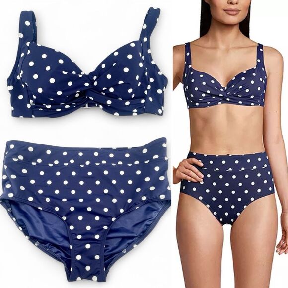 Lands’ End Blue Polka Dot Bikini Set Size 12 Sweetheart Top & High-Waist Bottoms - Picture 1 of 13